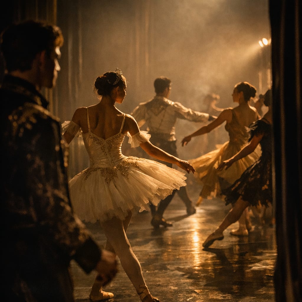 Dancers in costume mid-movement during a rehearsal.