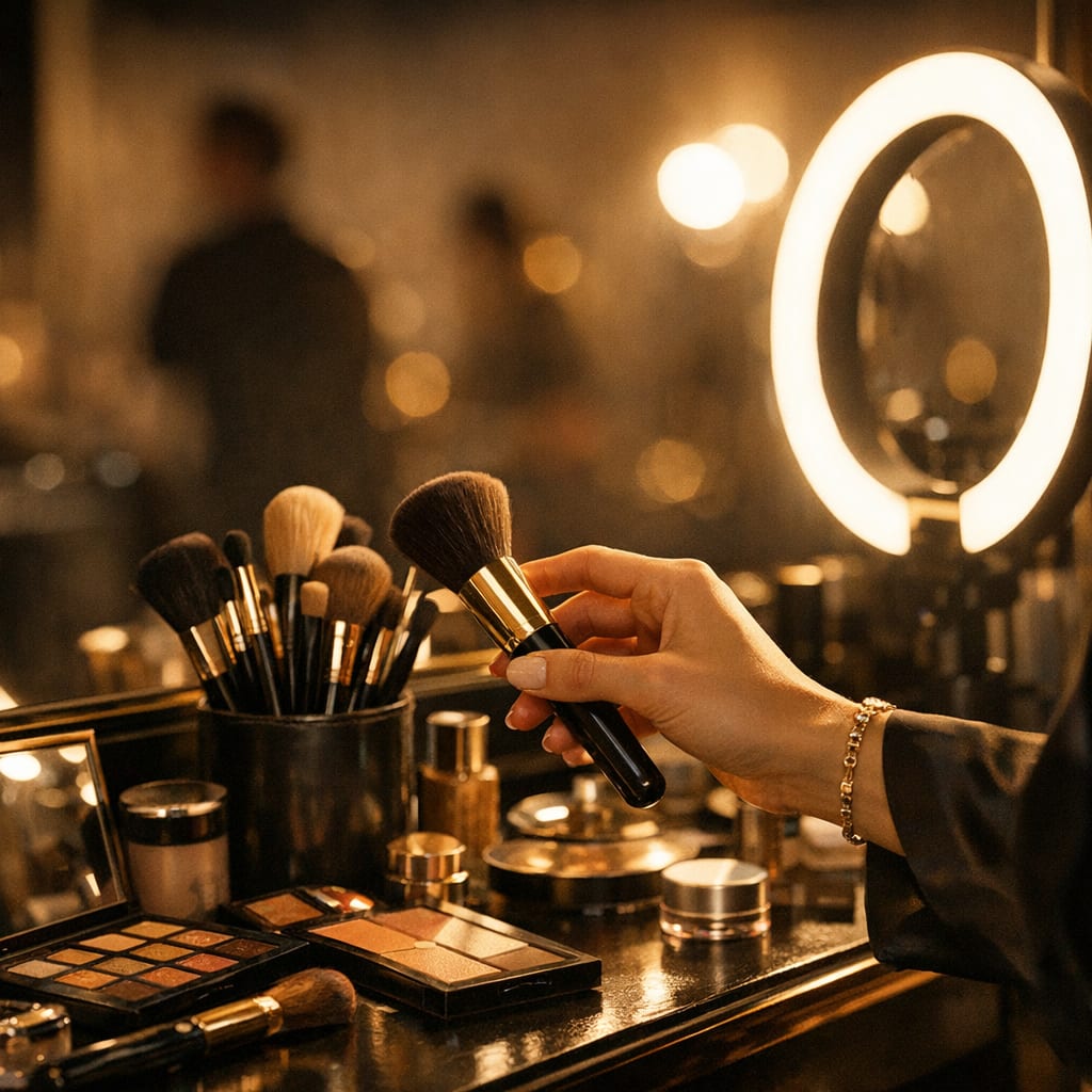 Brushes and palettes at a makeup station under a ring light.
