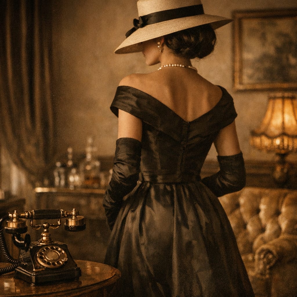 A vintage-era styled photo set with period props and sepia light.
