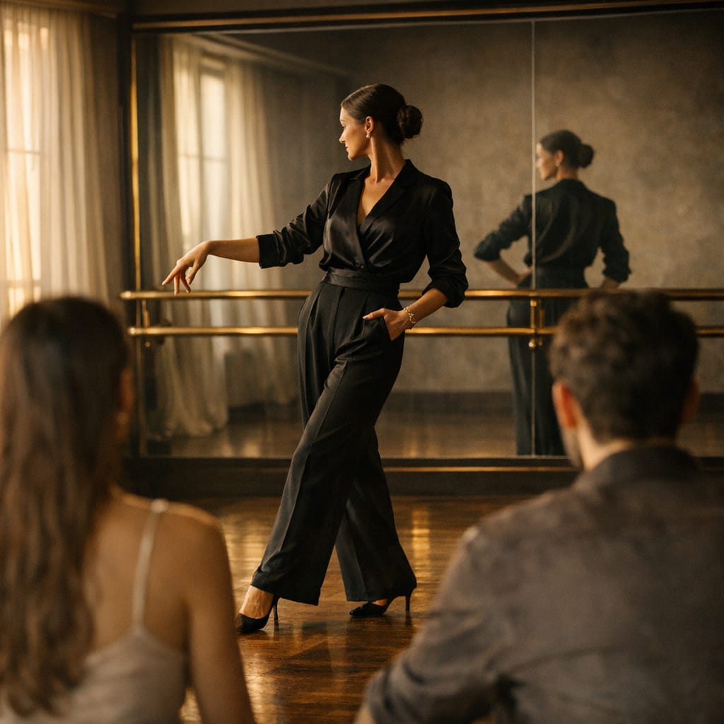 An instructor demonstrating a pose in front of a studio mirror.