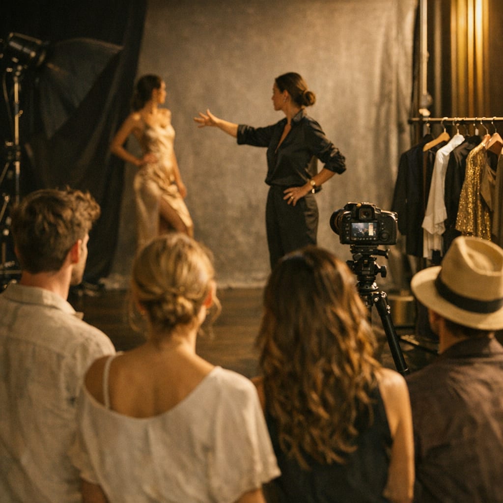 A posing coach directing a small group during a studio experience.