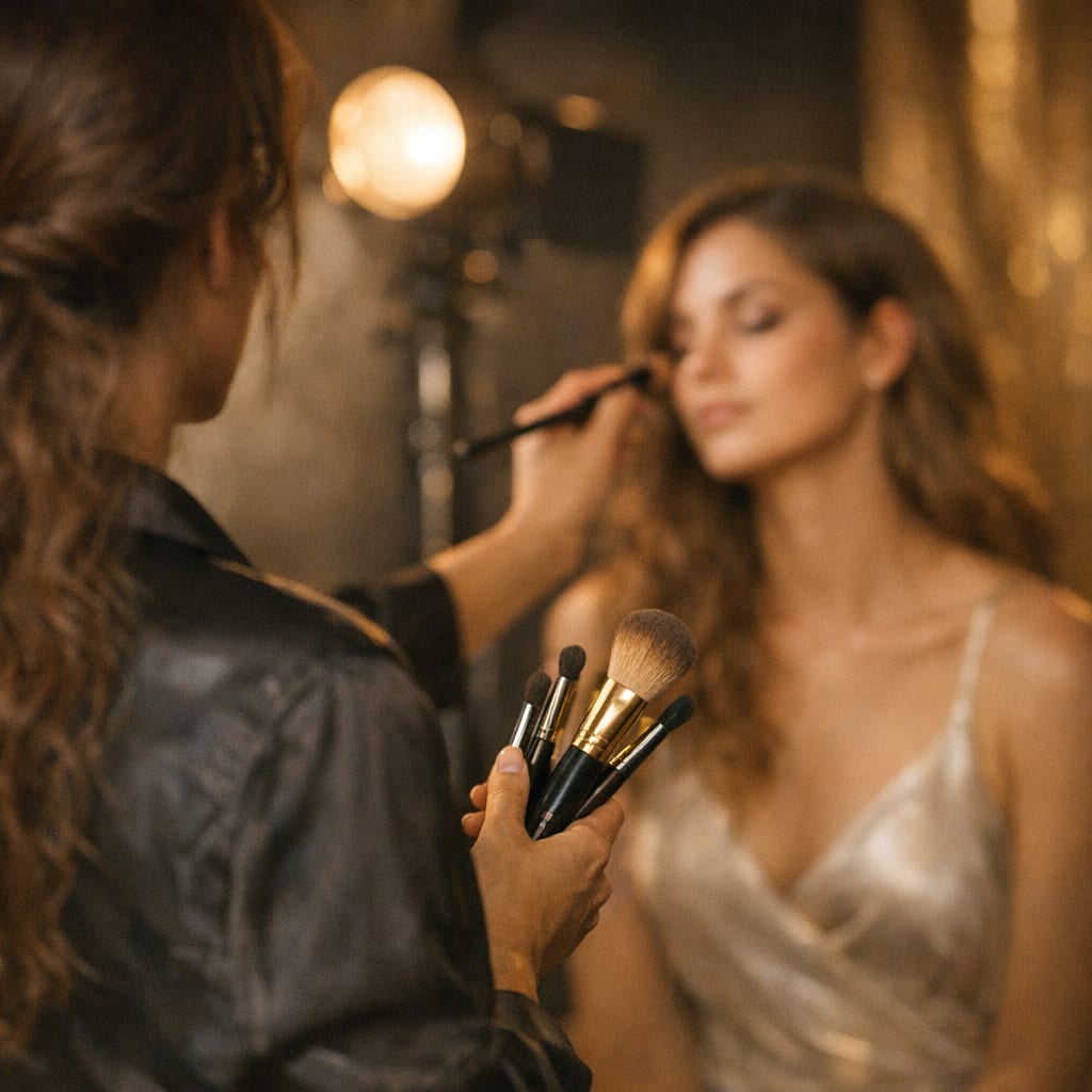 A makeup artist preparing a client before a studio session.