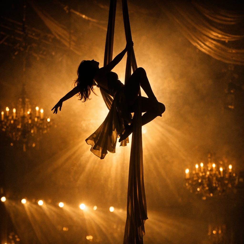An aerial acrobat on silks in silhouette against gold stage light.