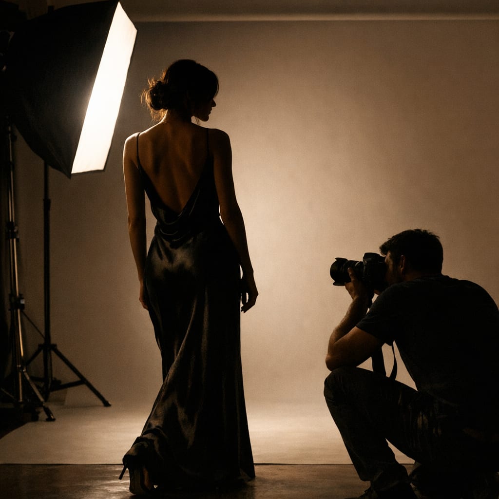 A photographer at work on a seamless studio backdrop.