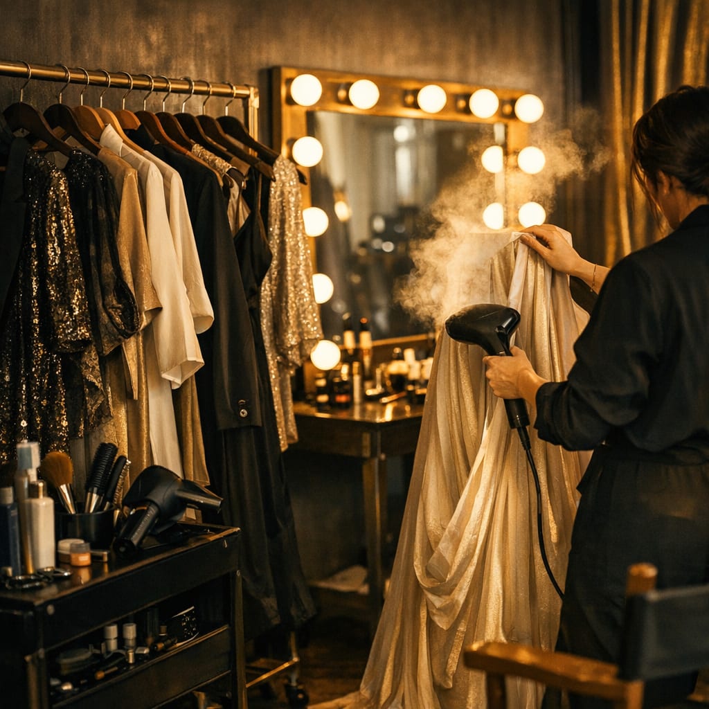 Wardrobe, hair tools and a lit mirror ready for a complete studio session.