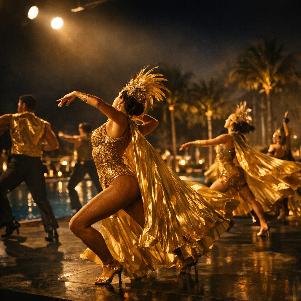 Bailarines en el escenario de un resort de noche.