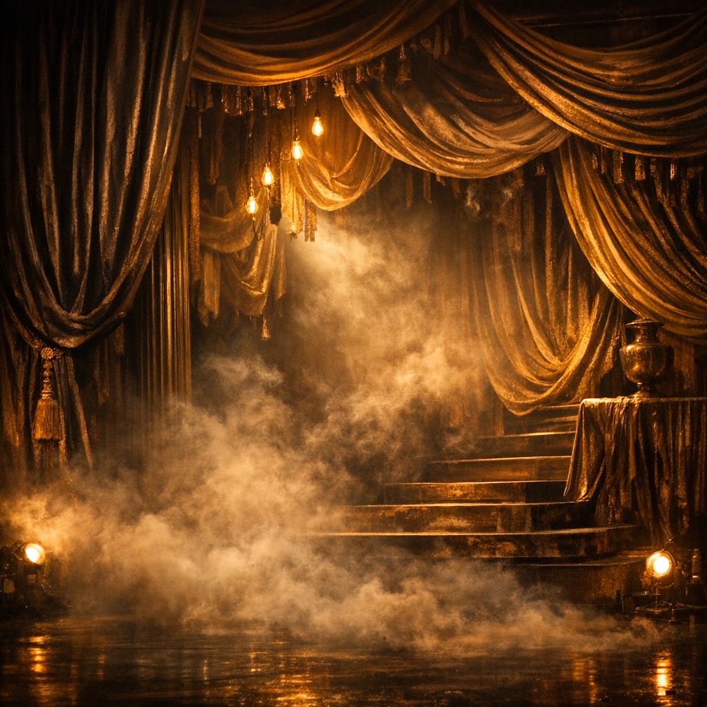 A theatrical stage set under warm spotlights.