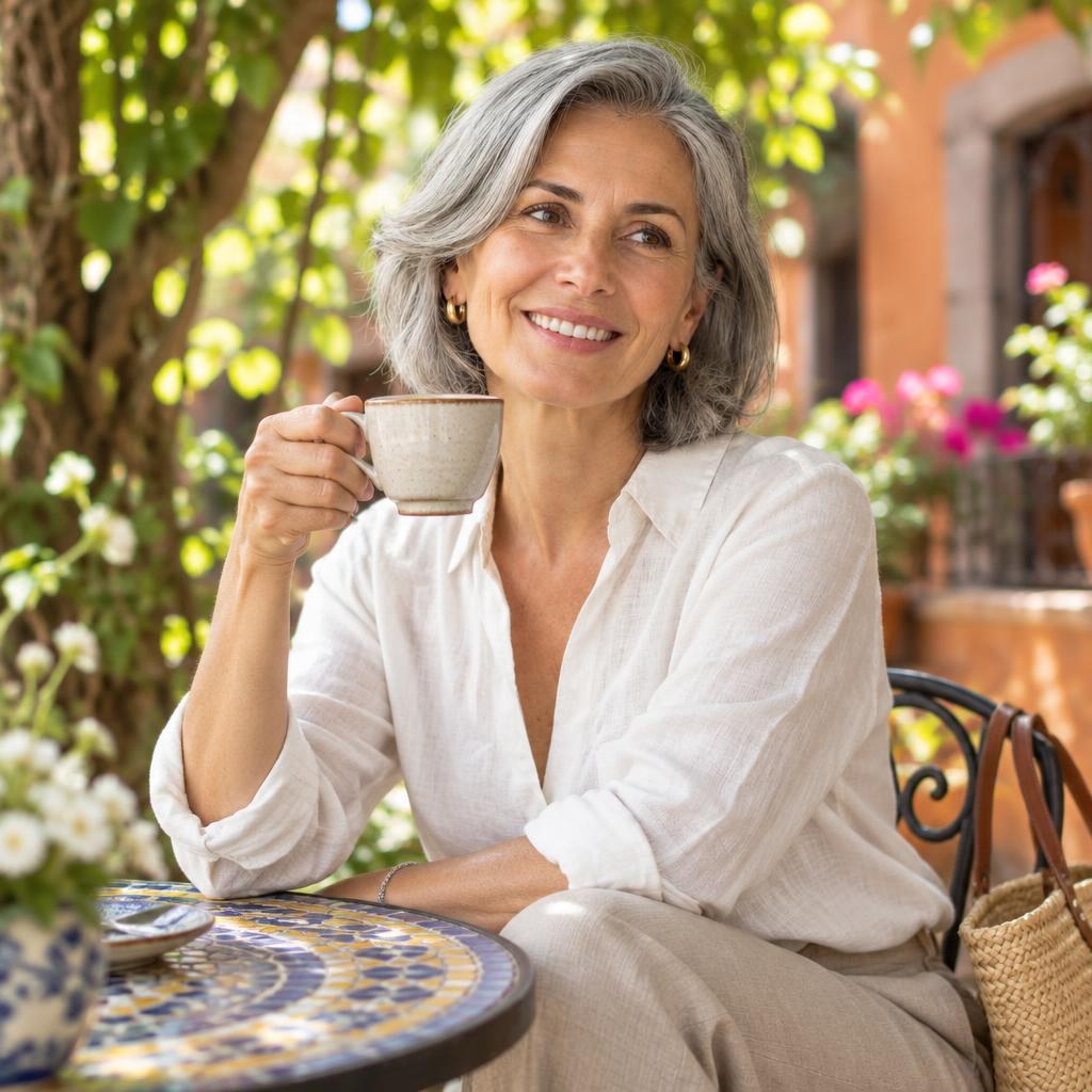 Elena Garza Treviño riendo y tomando café en patio colorido de San Miguel.