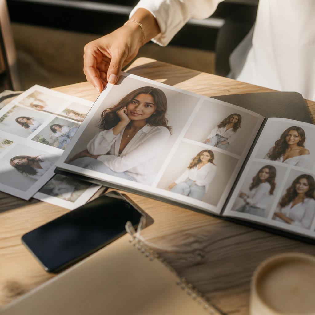 Priya Shah’s portfolio and model cards on a café table, hand adjusting a page.