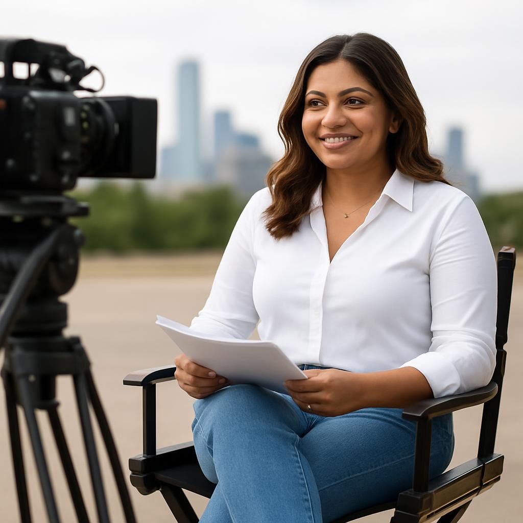 Priya Shah seated with script as she’s filmed on location in Dallas.