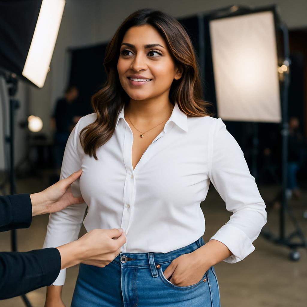 Priya Shah in a Dallas studio, posing as the crew adjusts details.
