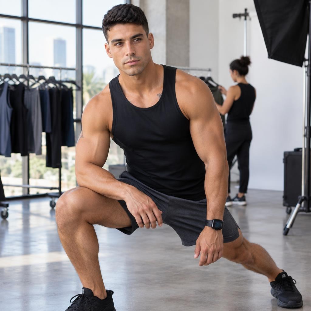 Andre Castillo posing during an activewear photoshoot in a bright studio.
