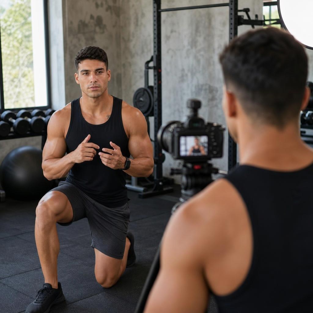 Over-the-shoulder view of Andre Castillo demonstrating workout routine for exercise video.