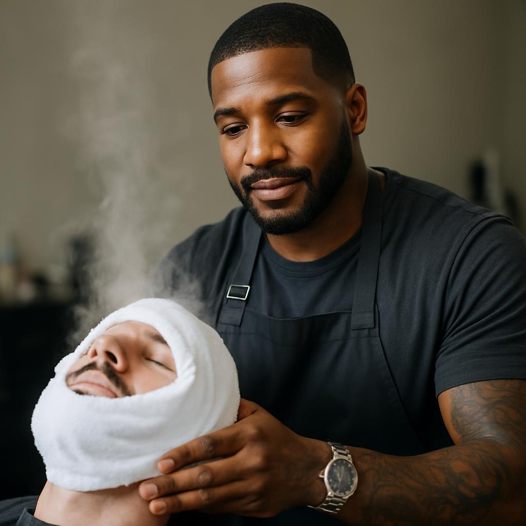 Hot towel in process during beard trim at the barbershop