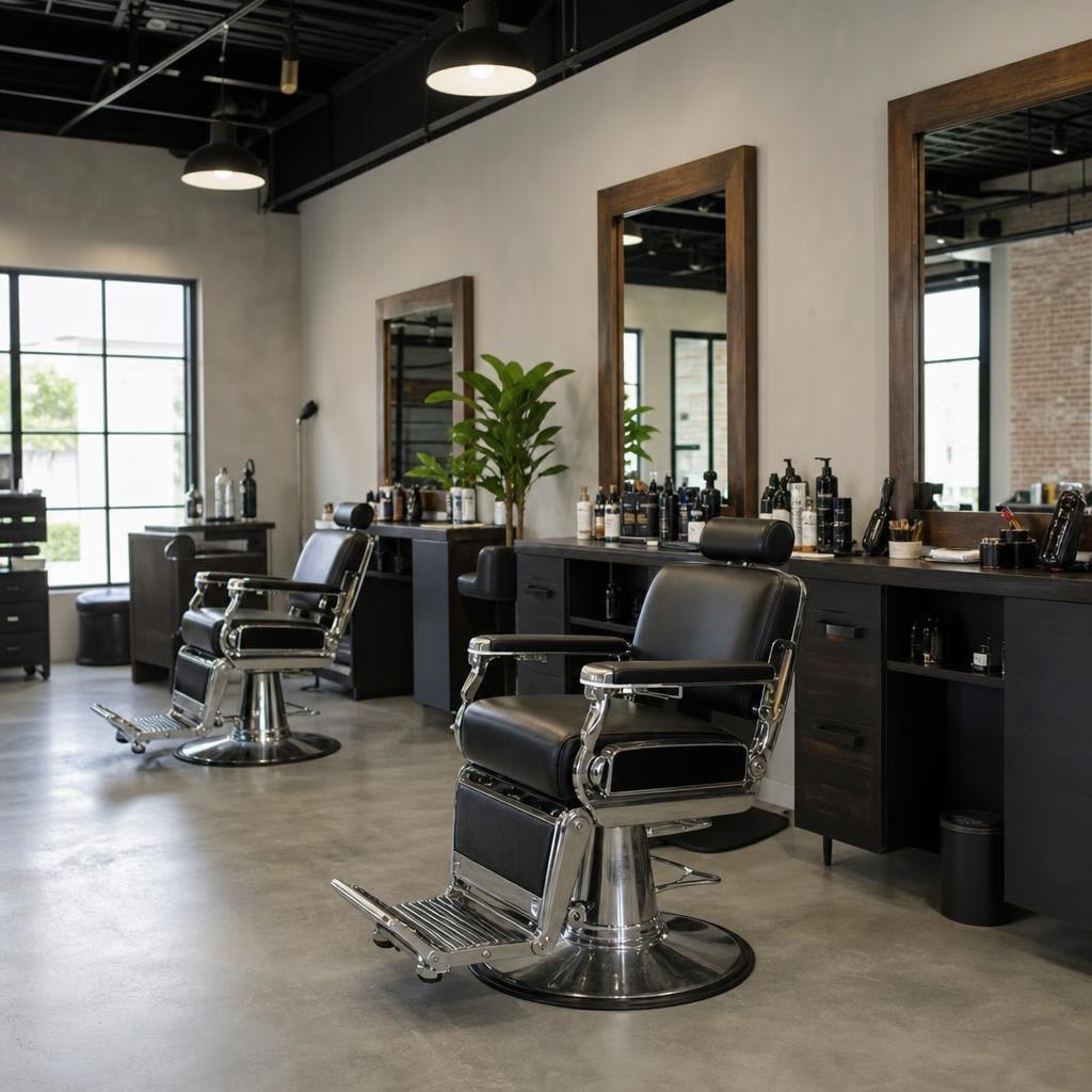 Barbershop interior with two chairs and neatly arranged tools