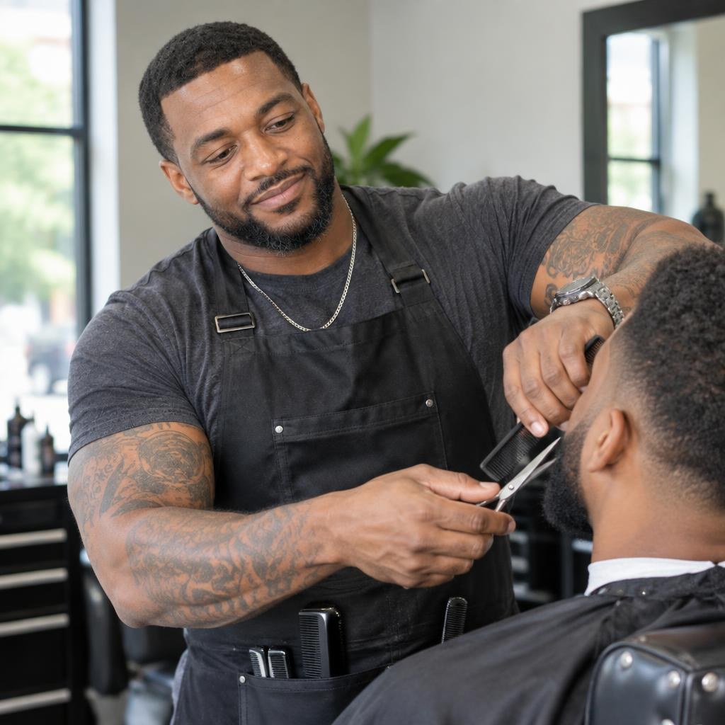 Over-the-shoulder view of Coleman doing cut and beard