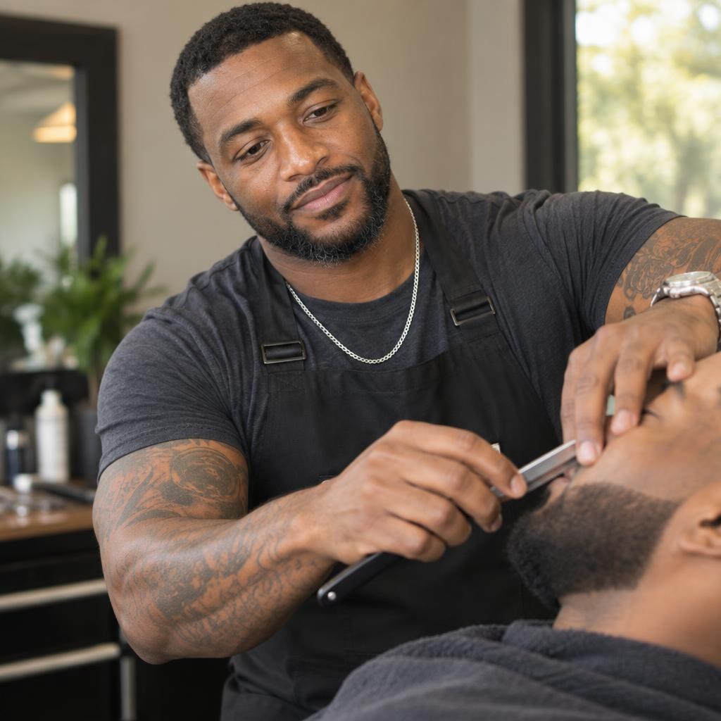 Coleman trimming beard with razor in his barbershop