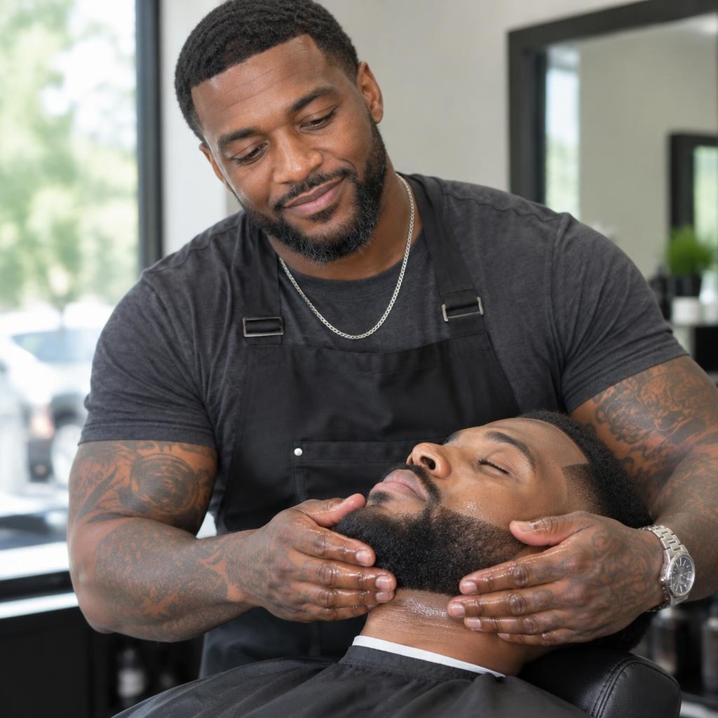 Coleman applying oil during beard trim