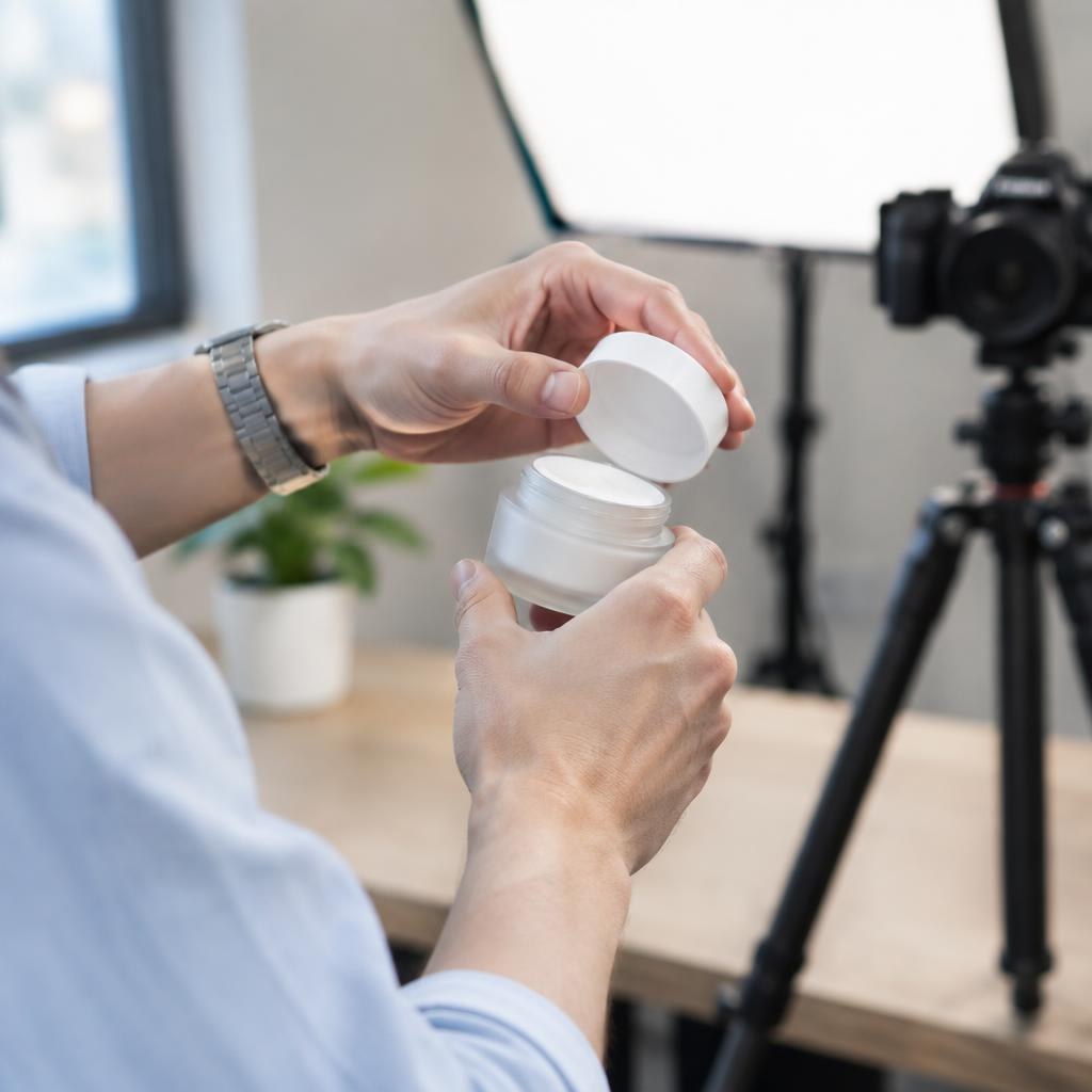 Daniel Kim's hands open a skincare product for video, studio background.