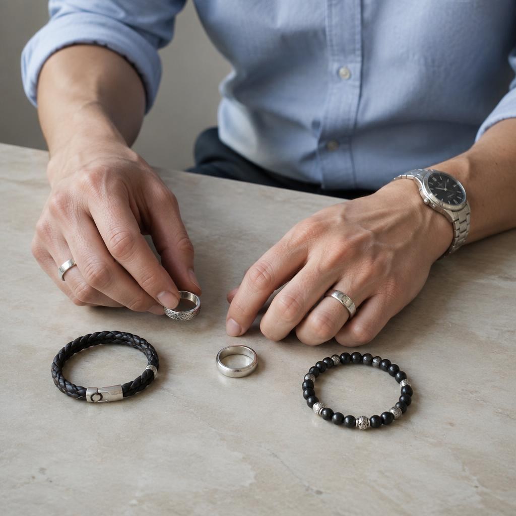 Daniel Kim's hands display rings and bracelets on a neutral table, natural light.