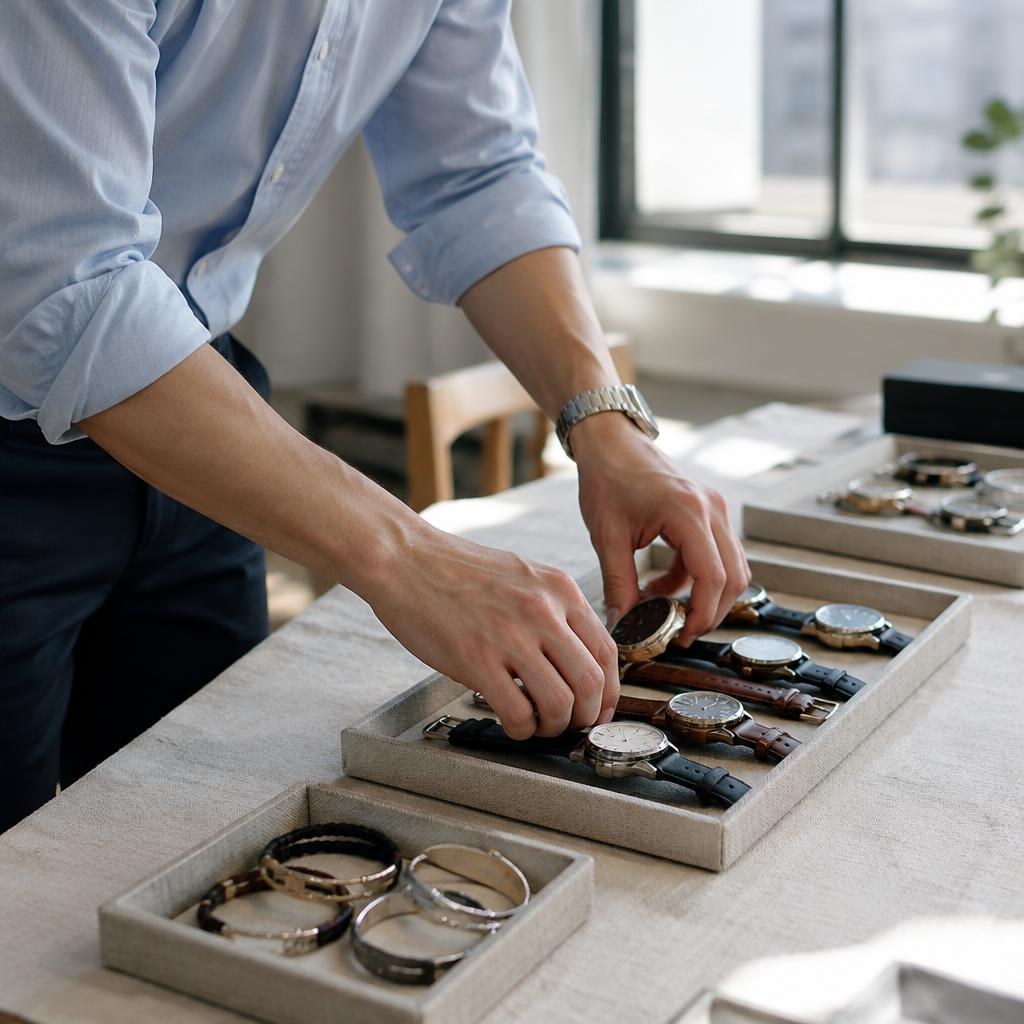 Daniel Kim's hands arrange watches and bracelets on a linen table with soft light.