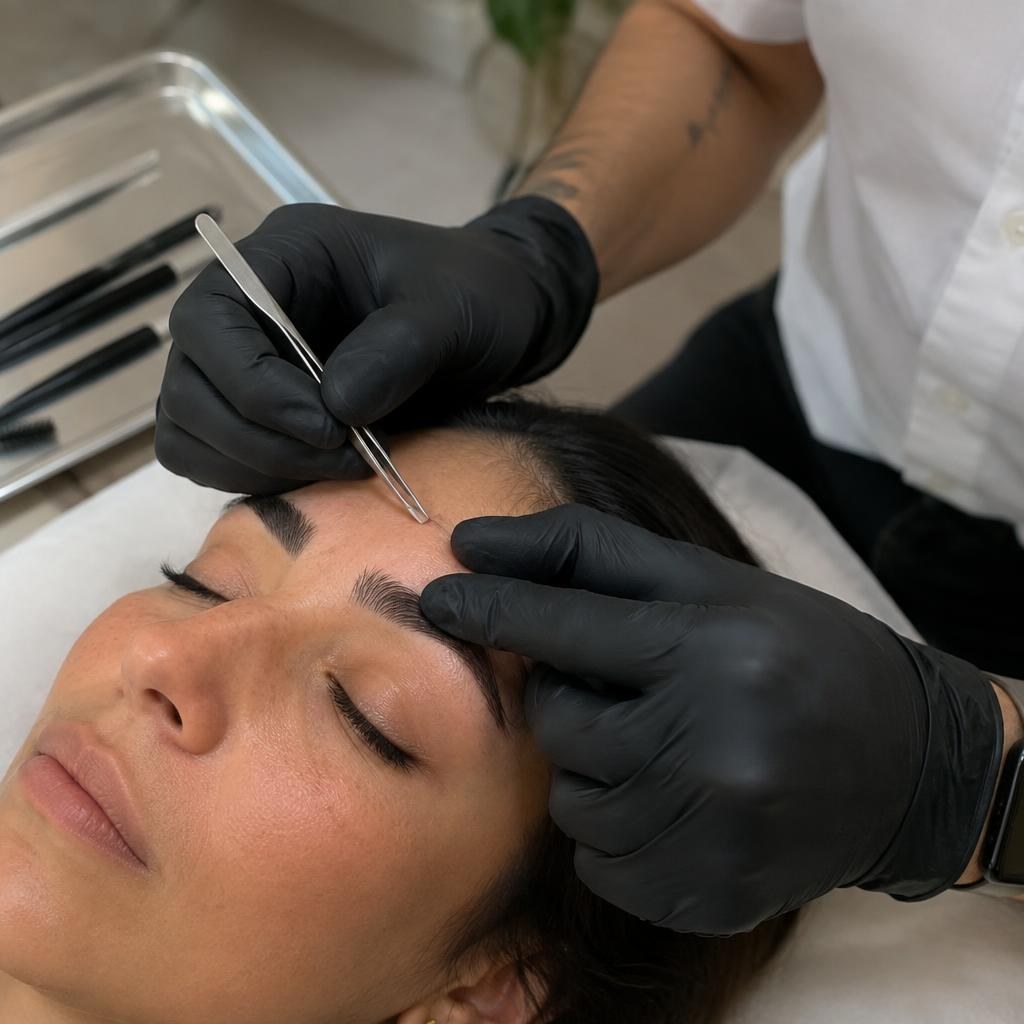 Leo Haddad tweezing brows after threading, hands and brow close-up.