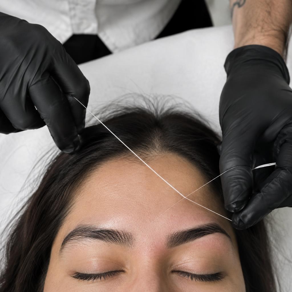 Close-up of brows before and after shaping; Leo's hands with thread visible.