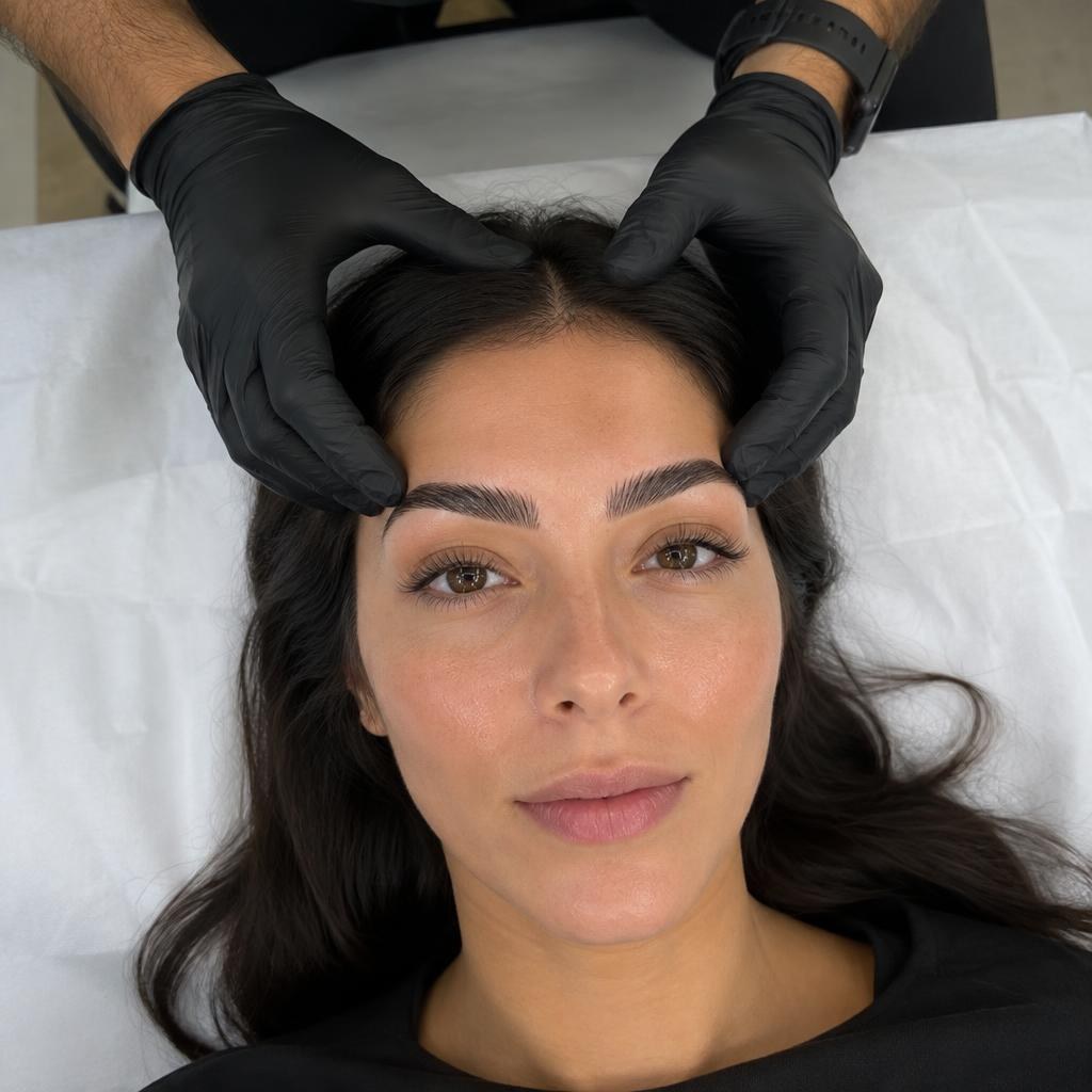 Overhead view of brows after lamination, shaping, and tint; Leo’s hands on forehead.