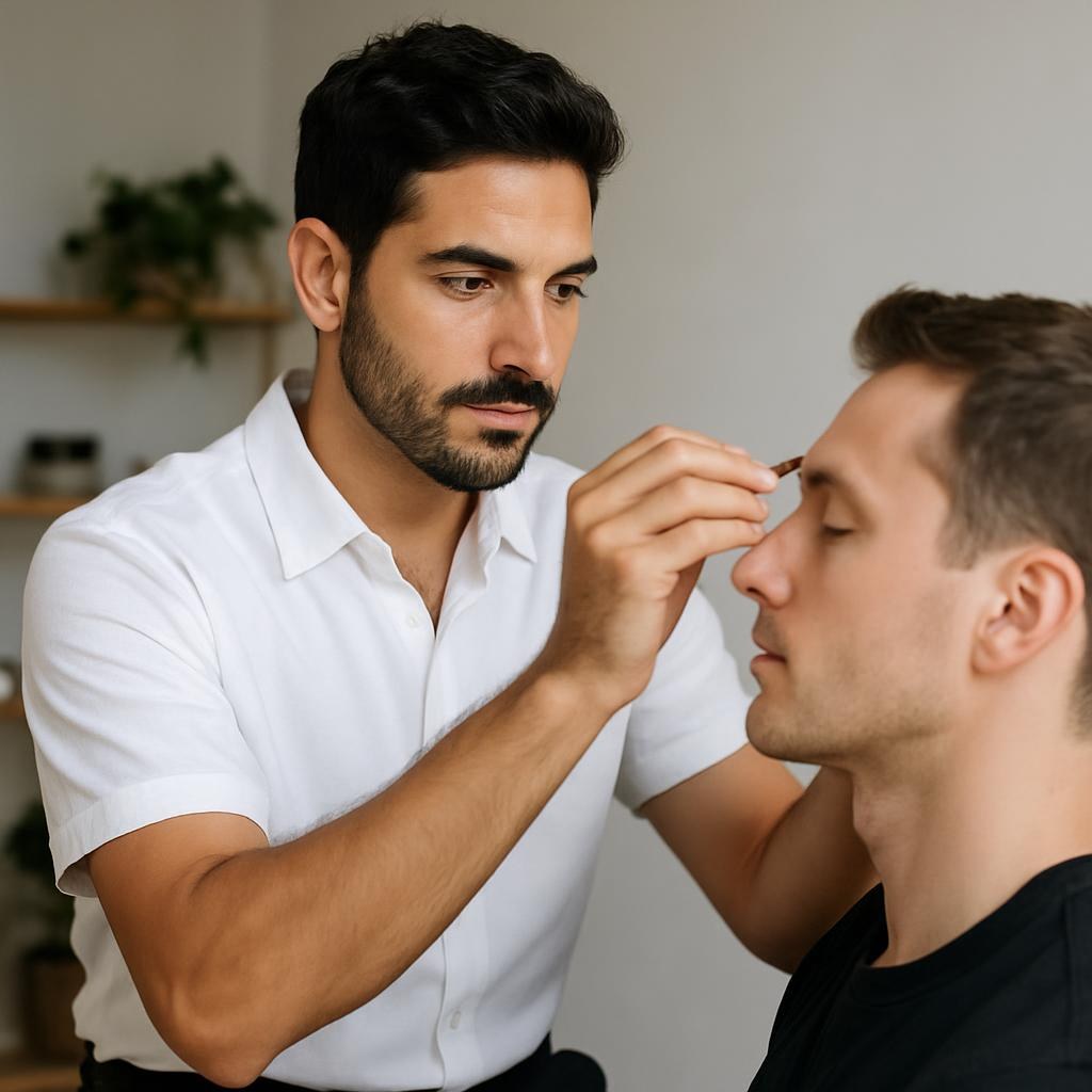 Leo works on men’s brows, focus on his technique and relaxed atmosphere.
