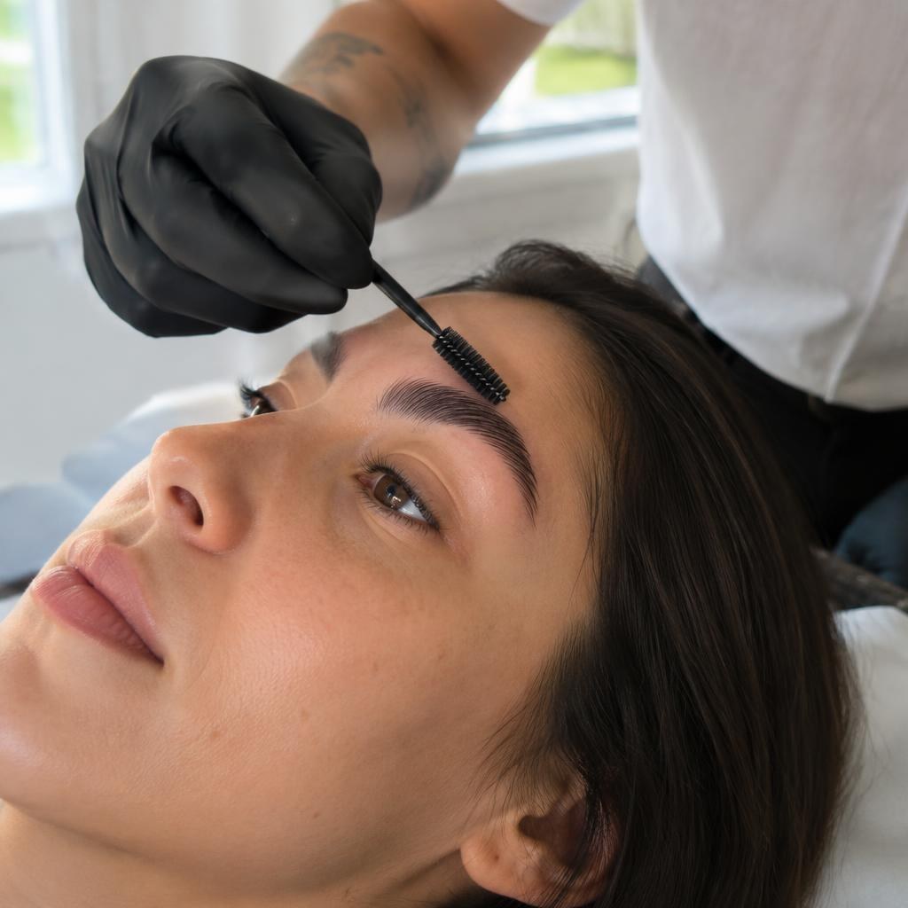 Finished laminated brows; Leo's hand brushing the client’s brow.