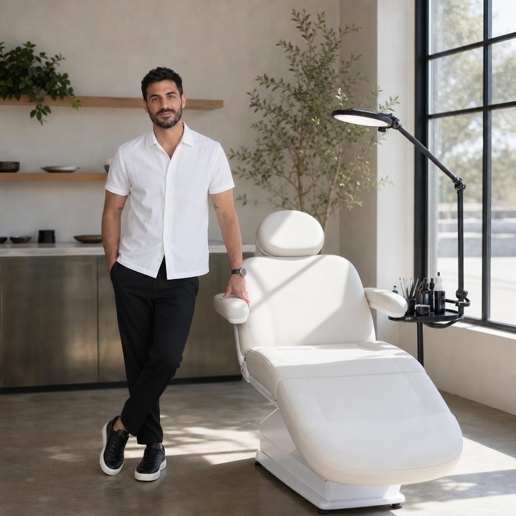 Client chair and work lamp in Leo Haddad’s brow studio, calm atmosphere.