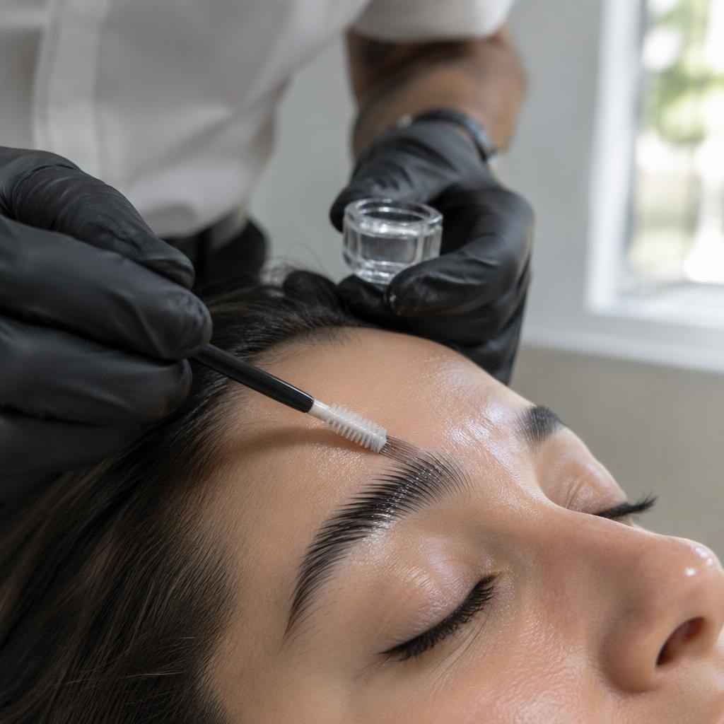 Leo applies nourishing serum to laminated brows, detail of the process.