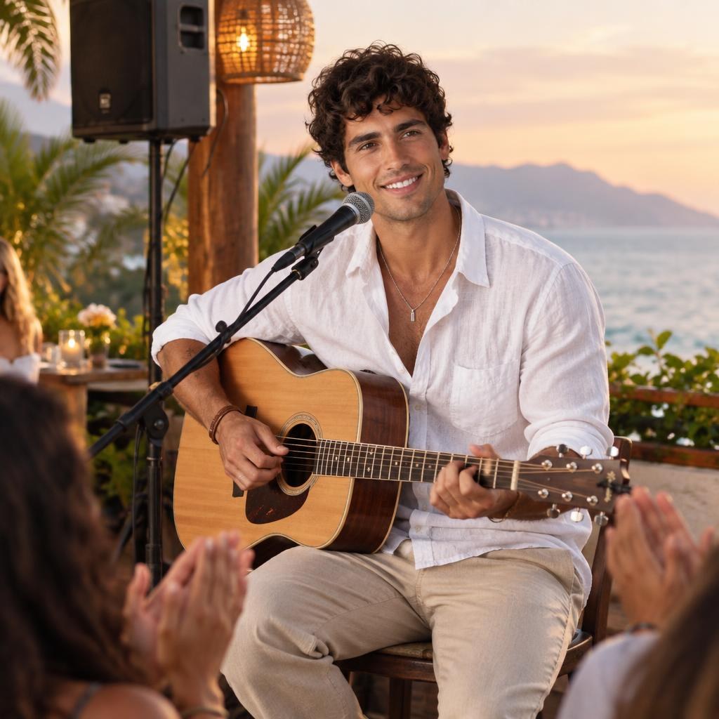 Rafa Cuevas tocando guitarra acústica en un show en terraza de restaurante
