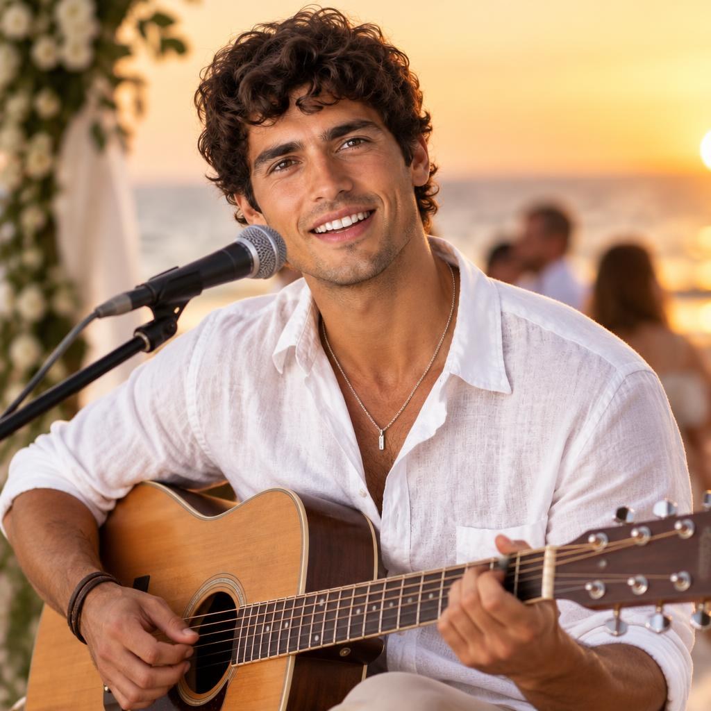 Rafa Cuevas cantando y tocando guitarra en una ceremonia de boda en la playa