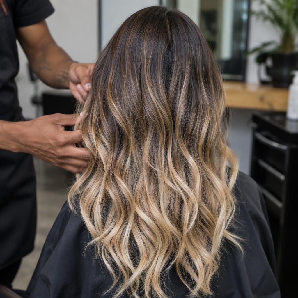 Close-up of balayage hair color finished by Marcus Bell